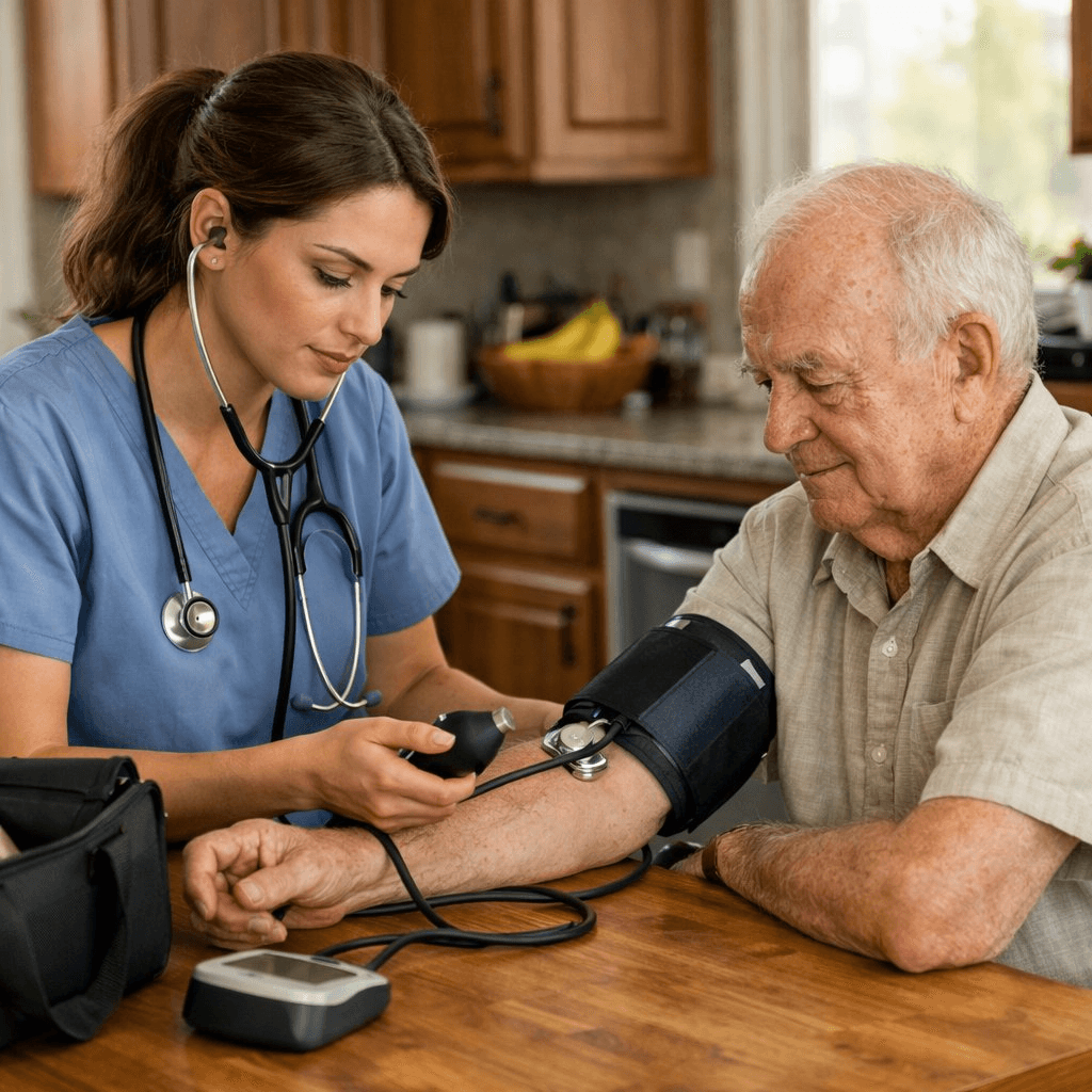 Vitalis registered nurse checking blood pressure of an elderly patient at home
