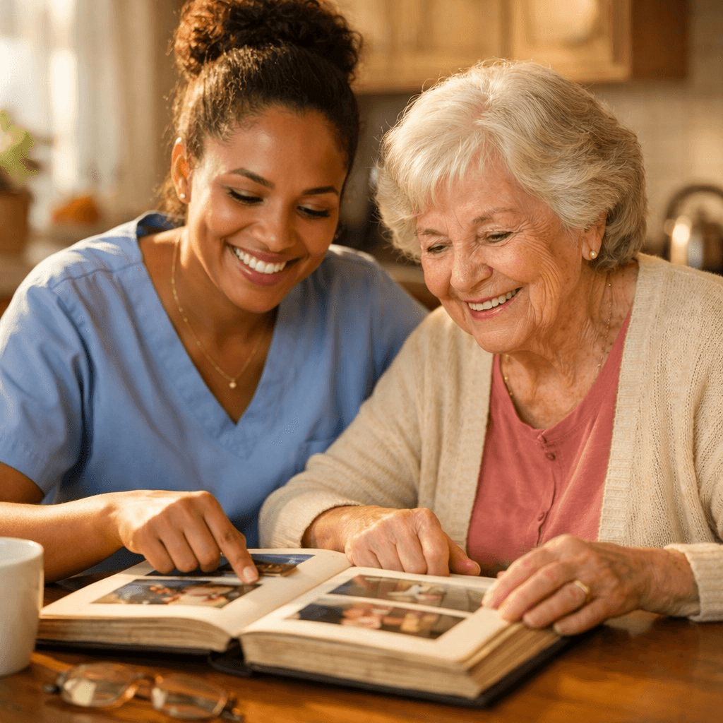 Vitalis caregiver and senior client sharing a warm moment looking through a photo album at home