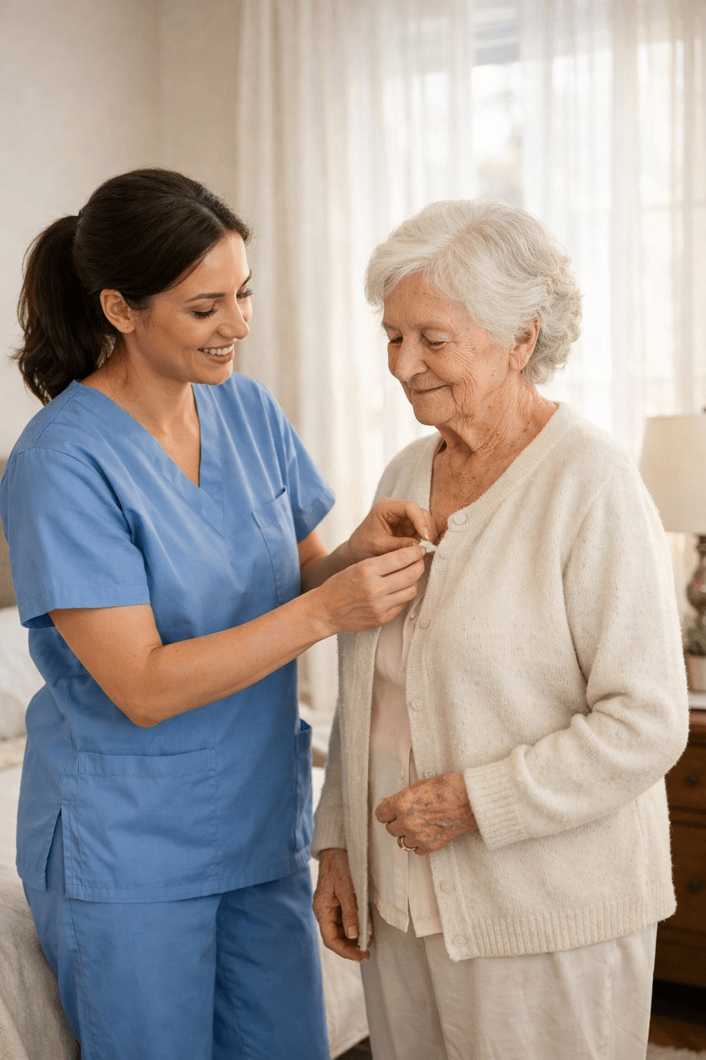 Vitalis personal care aide helping an elderly woman with dressing at home